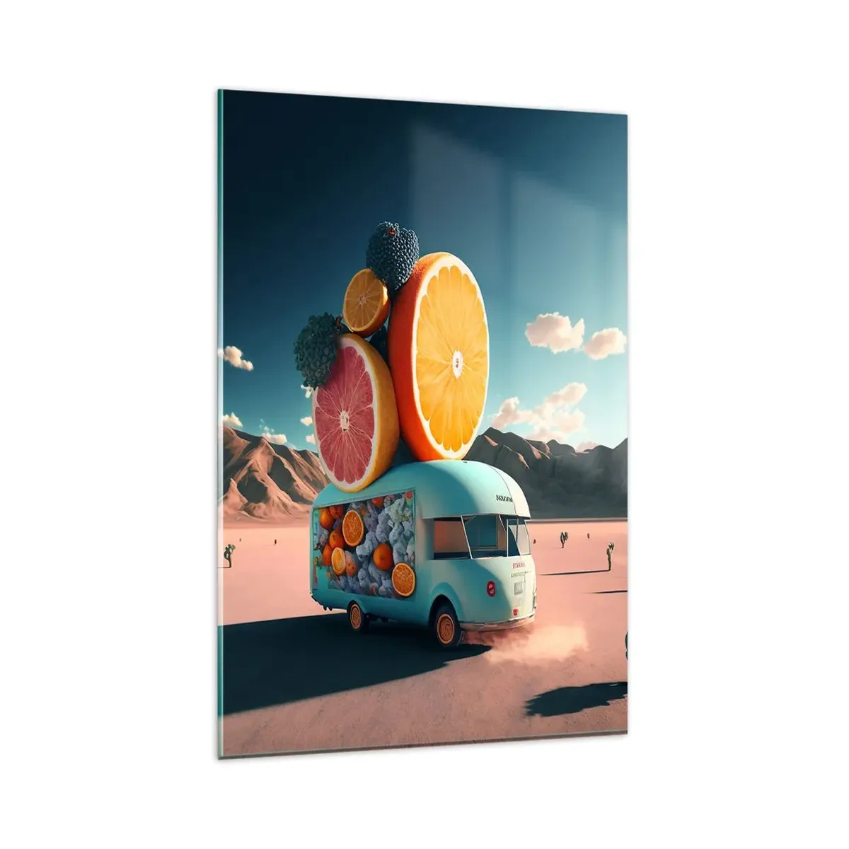 Glasbild - Bild auf glas - Obstwagen in einer Wüstenlandschaft - 80x120cm - Geschmack von Urlaub - Moderne Wanddekoration für Wohnzimmer und Schlafzimmer ARTTOR