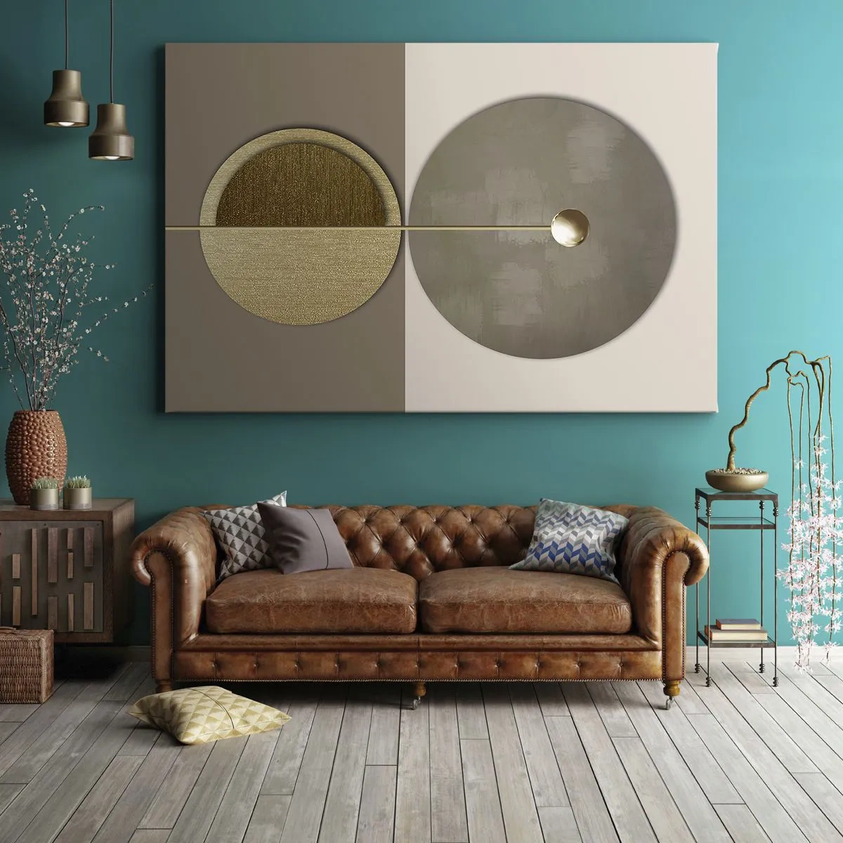 Bild auf Leinwand - Leinwandbild - Abstrakte Kreise in Gold- und Beigetönen - 70x50cm - Perfekte Balance - Moderne Wanddekoration für Wohnzimmer und Schlafzimmer ARTTOR
