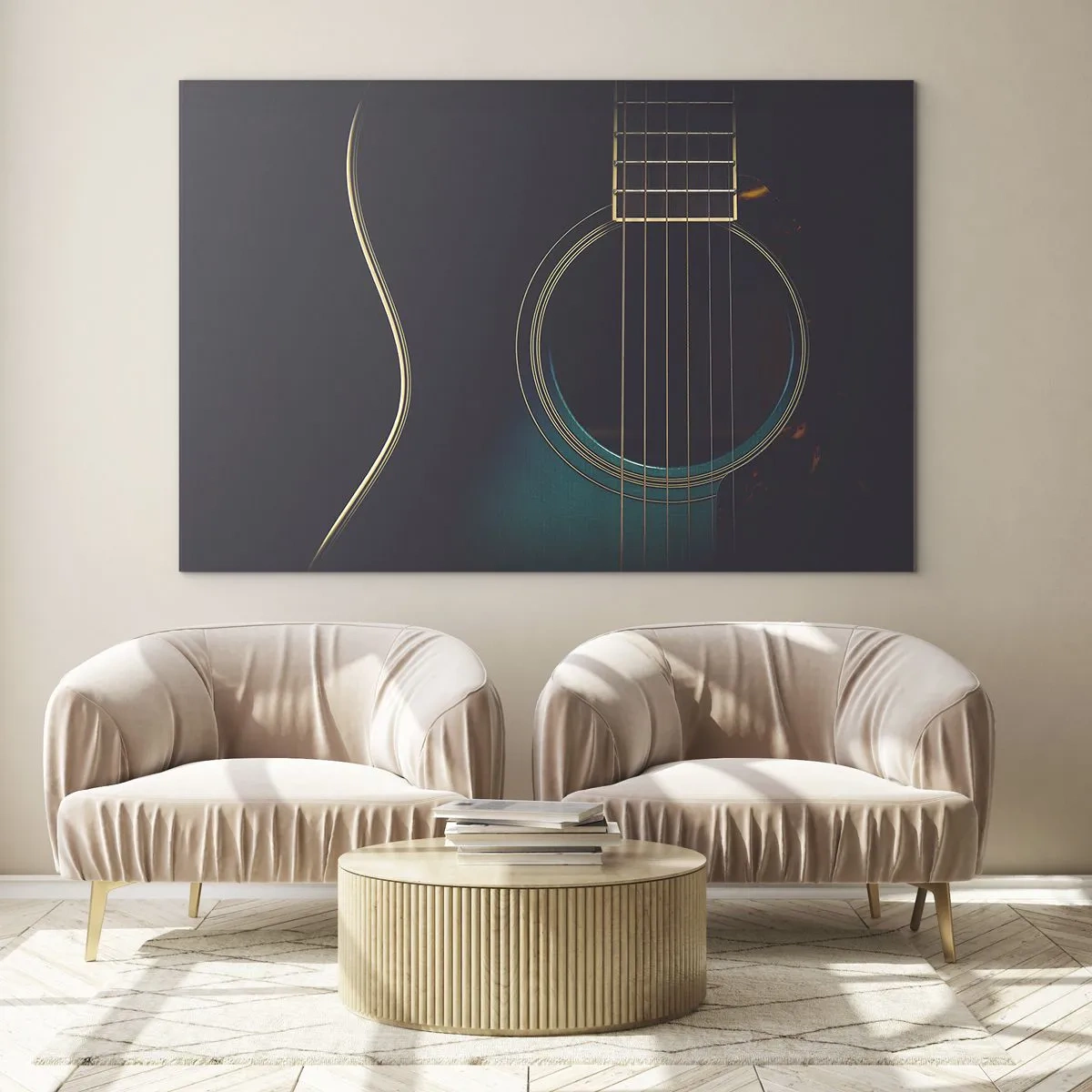 Glasbild - Bild auf glas - Nahaufnahme einer schwarzen Akustikgitarre mit Saitendetails - 120x80cm - Einen Moment bevor es ertönt - Moderne Wanddekoration für Wohnzimmer und Schlafzimmer ARTTOR