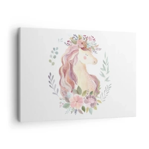 Bild auf Leinwand - Leinwandbild - Ein Einhorn in Pastellfarben, umgeben von Blumen - 70x50cm - Eine Einladung in die Welt der Märchen - Moderne Wanddekoration für Wohnzimmer und Schlafzimmer ARTTOR