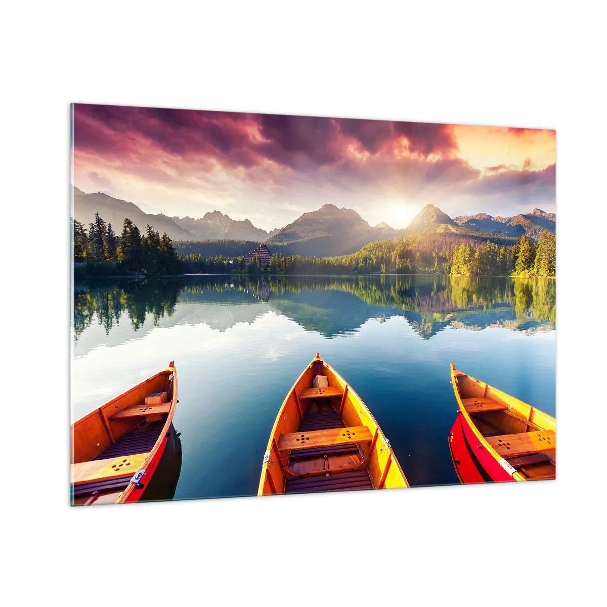 Glasbild - Bild auf glas - Drei Holzboote auf einem See mit Blick auf die Berge bei Sonnenuntergang - 100x70cm - Nichts gegen die Natur - Moderne Wanddekoration für Wohnzimmer und Schlafzimmer ARTTOR