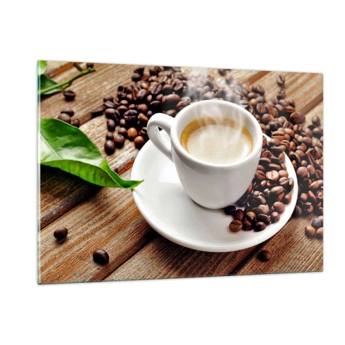 Glasbild - Bild auf glas - Eine Tasse Kaffee, umgeben von Bohnen auf einem Holztisch - 120x80cm - Kaffee auf der Bank - Moderne Wanddekoration für Wohnzimmer und Schlafzimmer ARTTOR