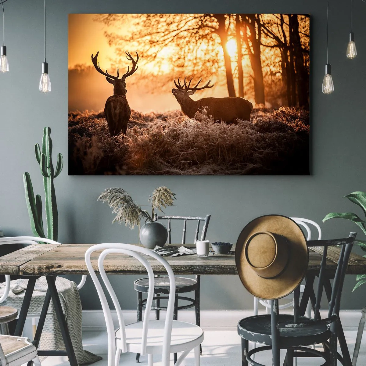 Bild auf Leinwand - Leinwandbild - Zwei Hirsche bei Sonnenuntergang in einer Winterlandschaft - 70x50cm - Der Traum eines Jägers - Moderne Wanddekoration für Wohnzimmer und Schlafzimmer ARTTOR