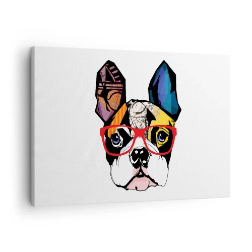 Bild auf Leinwand - Leinwandbild - Bulldogge in einer bunten Illustration mit roter Brille - 70x50cm - Intellektuelle - Moderne Wanddekoration für Wohnzimmer und Schlafzimmer ARTTOR