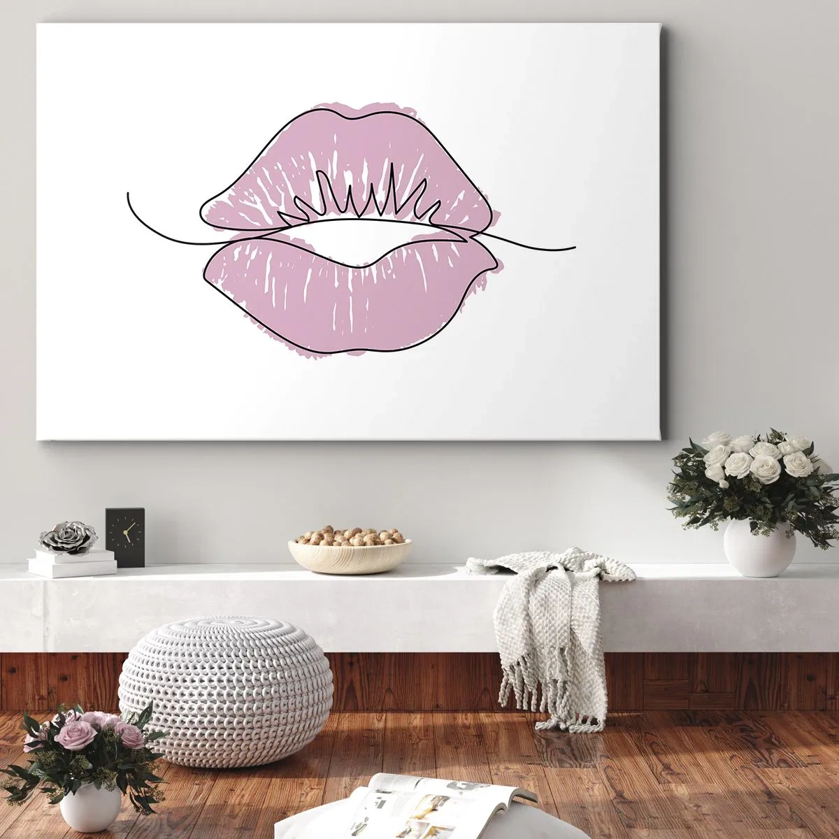 Bild auf Leinwand - Leinwandbild - Minimalistische Lippenzeichnung in einem Rosaton - 120x80cm - Bereit zum Küssen? - Moderne Wanddekoration für Wohnzimmer und Schlafzimmer ARTTOR