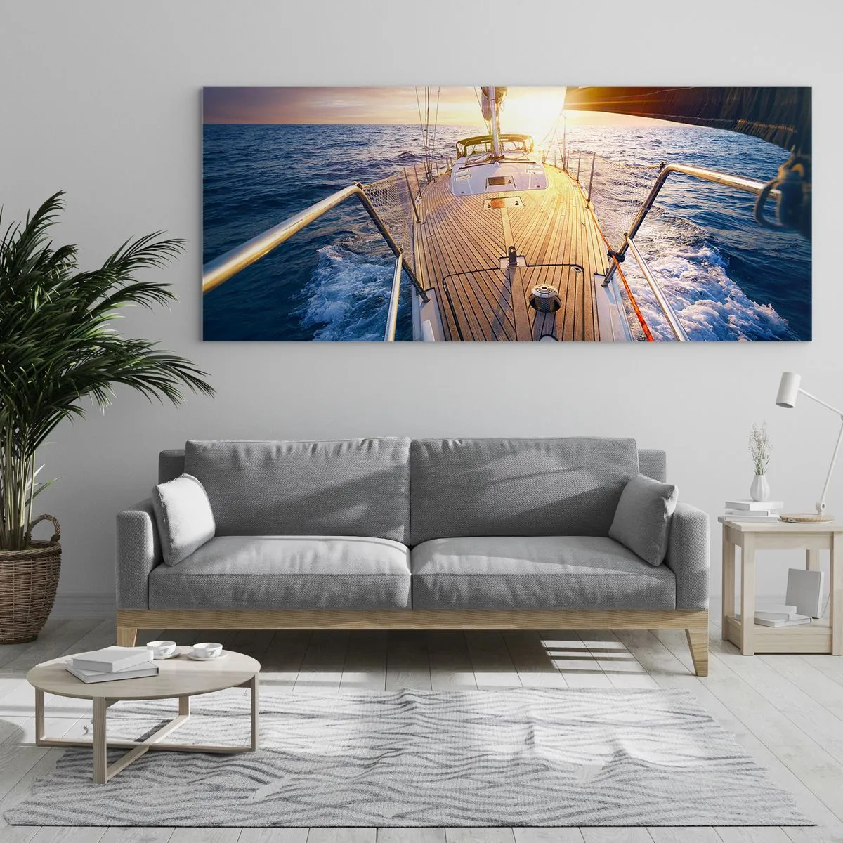 Glasbild - Bild auf glas - Yacht auf See bei Sonnenuntergang - 120x50cm - Laufen unter den Wellen - Moderne Wanddekoration für Wohnzimmer und Schlafzimmer ARTTOR