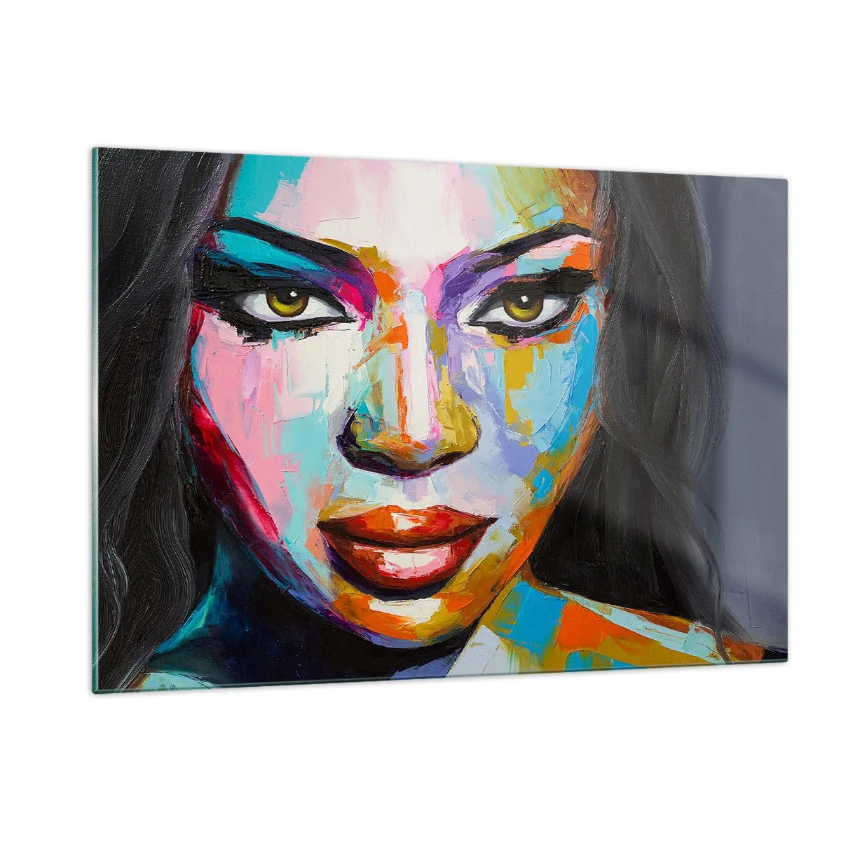 Glasbild - Bild auf glas - Ein farbenfrohes Frauenporträt in einem unverwechselbaren Stil - 120x80cm - Es ist unmöglich die Augen abzuwenden - Moderne Wanddekoration für Wohnzimmer und Schlafzimmer ARTTOR