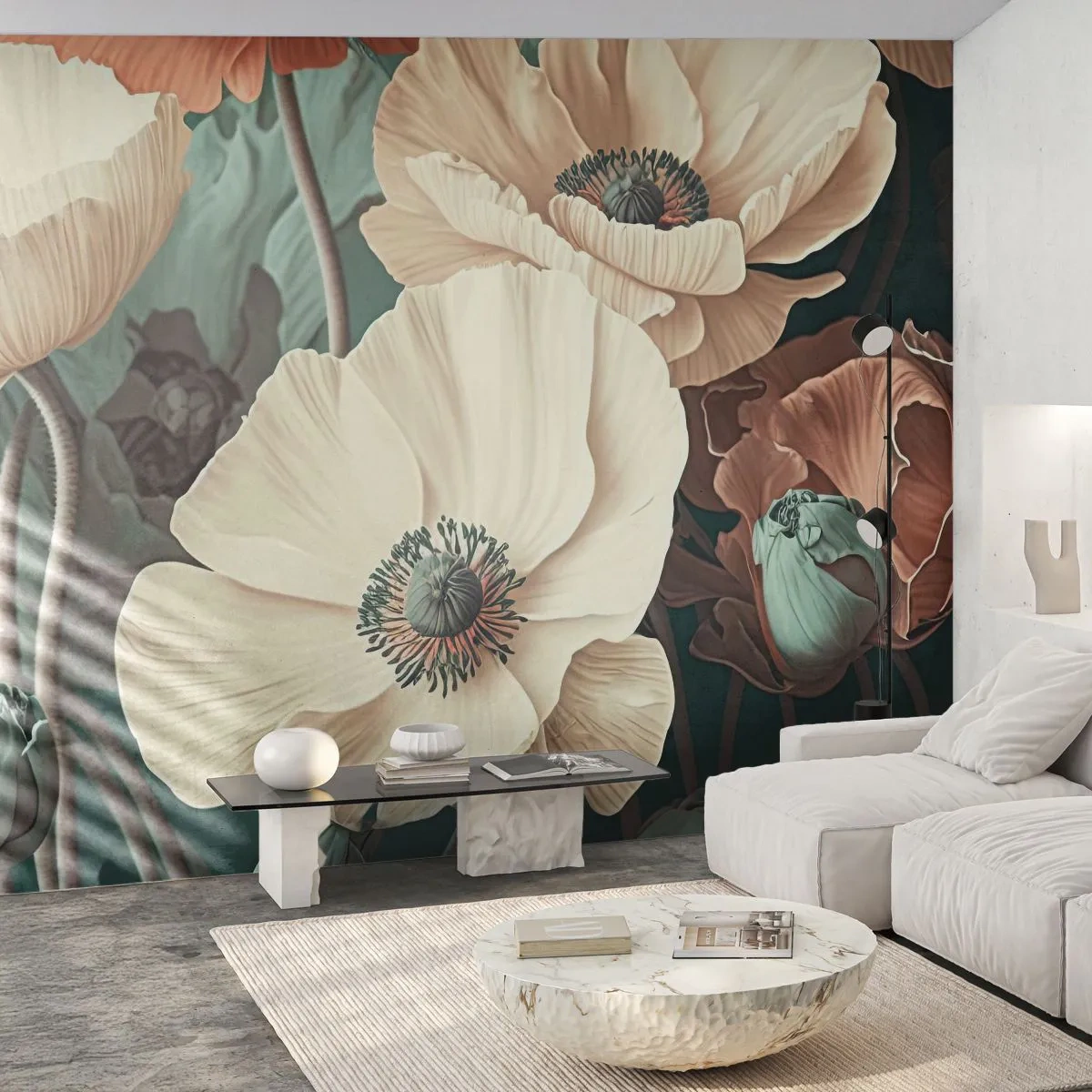 Fototapete Premium Sand - Romantische Mohnblumen in Creme- und Pfirsichtönen auf Grün - 100x70cm - Flüstern von Mohnblumen - Moderne Wanddekoration für Wohnzimmer und Schlafzimmer ARTTOR