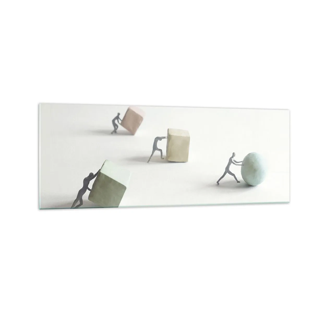 Glasbild - Bild auf glas - Miniaturfiguren, die Formen vor einem hellen Hintergrund schieben - 140x50cm - Pures Leben - Moderne Wanddekoration für Wohnzimmer und Schlafzimmer ARTTOR