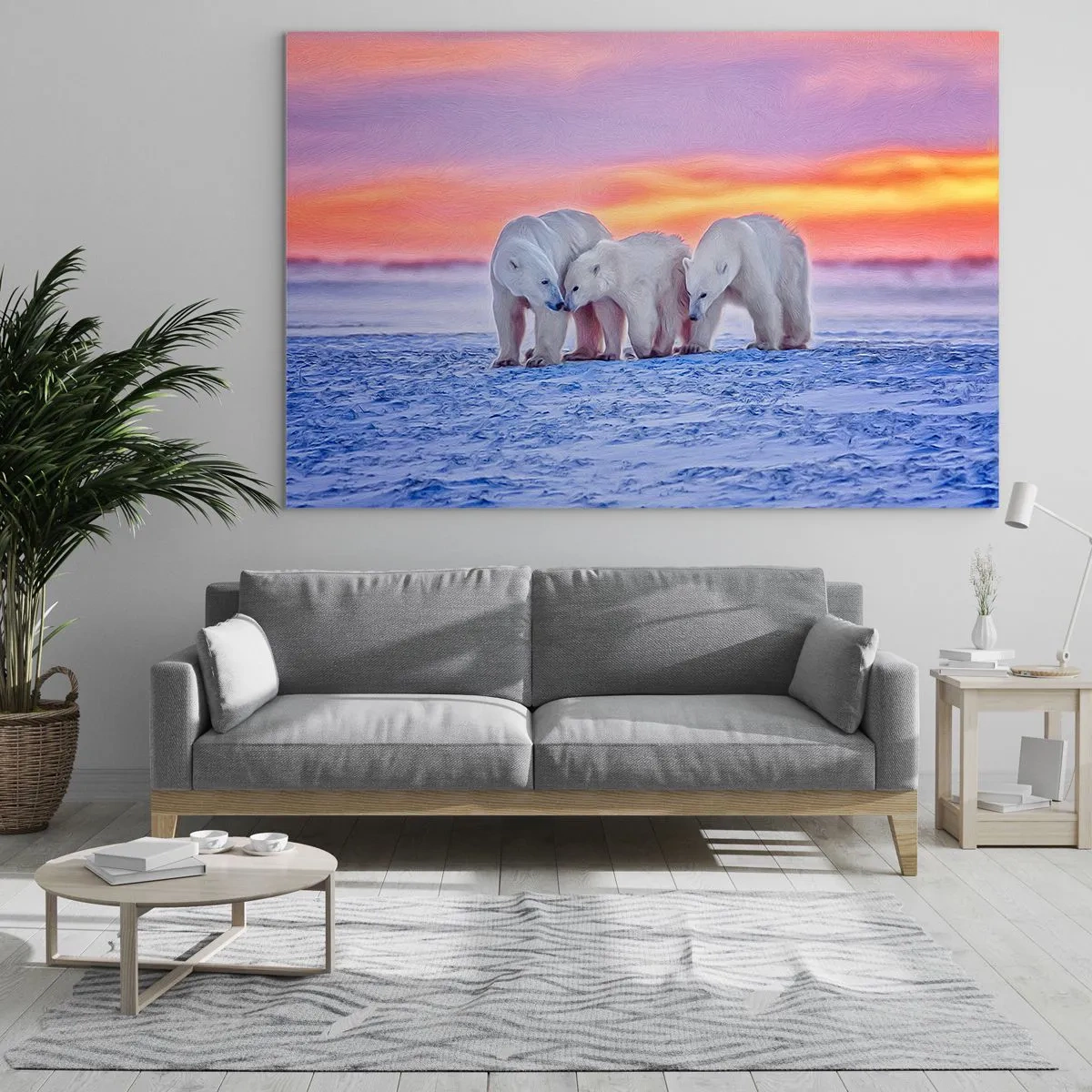 Glasbild - Bild auf glas - Drei Eisbären auf einem verschneiten Hintergrund bei Sonnenuntergang - 70x50cm - Familienwärme ist genug - Moderne Wanddekoration für Wohnzimmer und Schlafzimmer ARTTOR