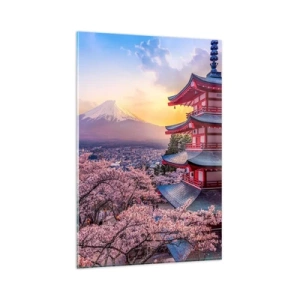 Glasbild - Bild auf glas - Eine Pagode in Japan mit Kirschblüten und dem Berg Fuji - 80x120cm - Die Essenz des japanischen Geistes - Moderne Wanddekoration für Wohnzimmer und Schlafzimmer ARTTOR