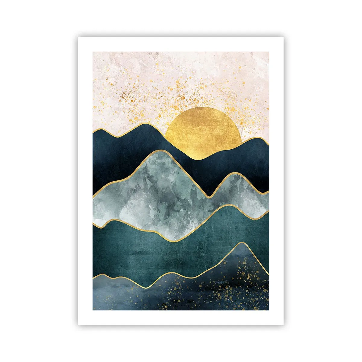 Poster - Abstrakte Berge und goldene Sonne im Hintergrund - 50x70cm - Hinter den sieben Bergen - Moderne Wanddekoration für Wohnzimmer und Schlafzimmer ARTTOR