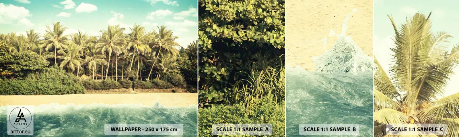 Fototapeten Muster Selbstklebend Deluxe Sticker - Wie wäre es hier? - Landschaft, Strand, Kokusnuss-Palme - 100x30 cm