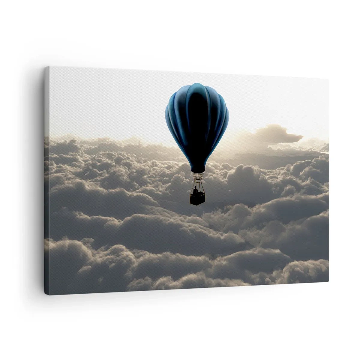 Bild auf Leinwand - Leinwandbild - Ein Heißluftballon vor einem Himmel mit Wolken bei Sonnenuntergang - 70x50cm - Ein Wanderer über den Wolken - Moderne Wanddekoration für Wohnzimmer und Schlafzimmer ARTTOR