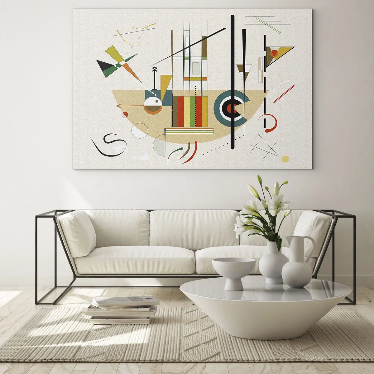 Glasbild - Bild auf glas - Bunte geometrische Abstraktion auf hellem Hintergrund - 120x80cm - Und die Welt lacht - Moderne Wanddekoration für Wohnzimmer und Schlafzimmer ARTTOR