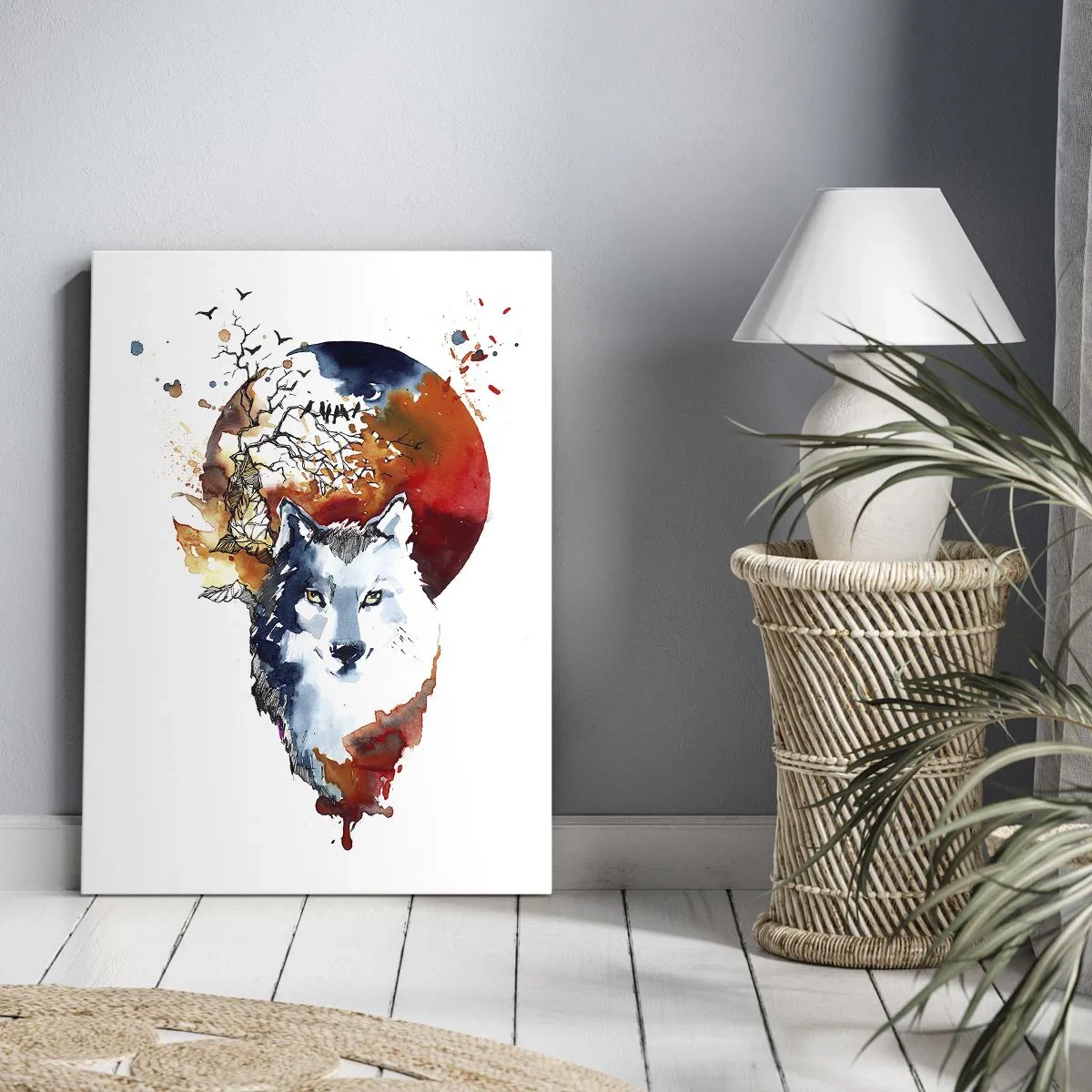 Bild auf Leinwand - Leinwandbild - Abstraktes Aquarell eines Wolfes vor einem roten Mond - 70x100cm - Nase an Nase mit der Nacht - Moderne Wanddekoration für Wohnzimmer und Schlafzimmer ARTTOR