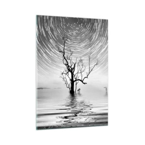 Glasbild - Bild auf glas - Schwarz-weiße Landschaft mit einem Baum und Sternenstreifen - 50x70cm - Eine Sinfonie der Natur - Moderne Wanddekoration für Wohnzimmer und Schlafzimmer ARTTOR