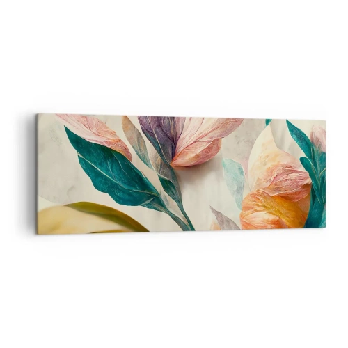 Bild auf Leinwand - Leinwandbild - Bunte Blumen im tropischen Stil auf hellem Hintergrund - 140x50cm - Blumen der südlichen Inseln - Moderne Wanddekoration für Wohnzimmer und Schlafzimmer ARTTOR