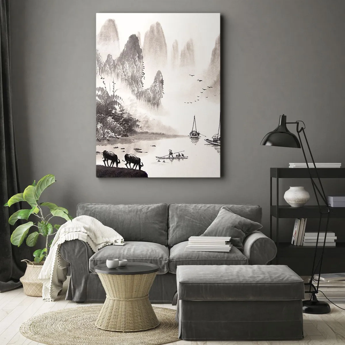 Bild auf Leinwand - Leinwandbild - Eine malerische Landschaft im asiatischen Stil mit nebligen Bergen - 70x100cm - Der exotische Alltag des Ostens - Moderne Wanddekoration für Wohnzimmer und Schlafzimmer ARTTOR