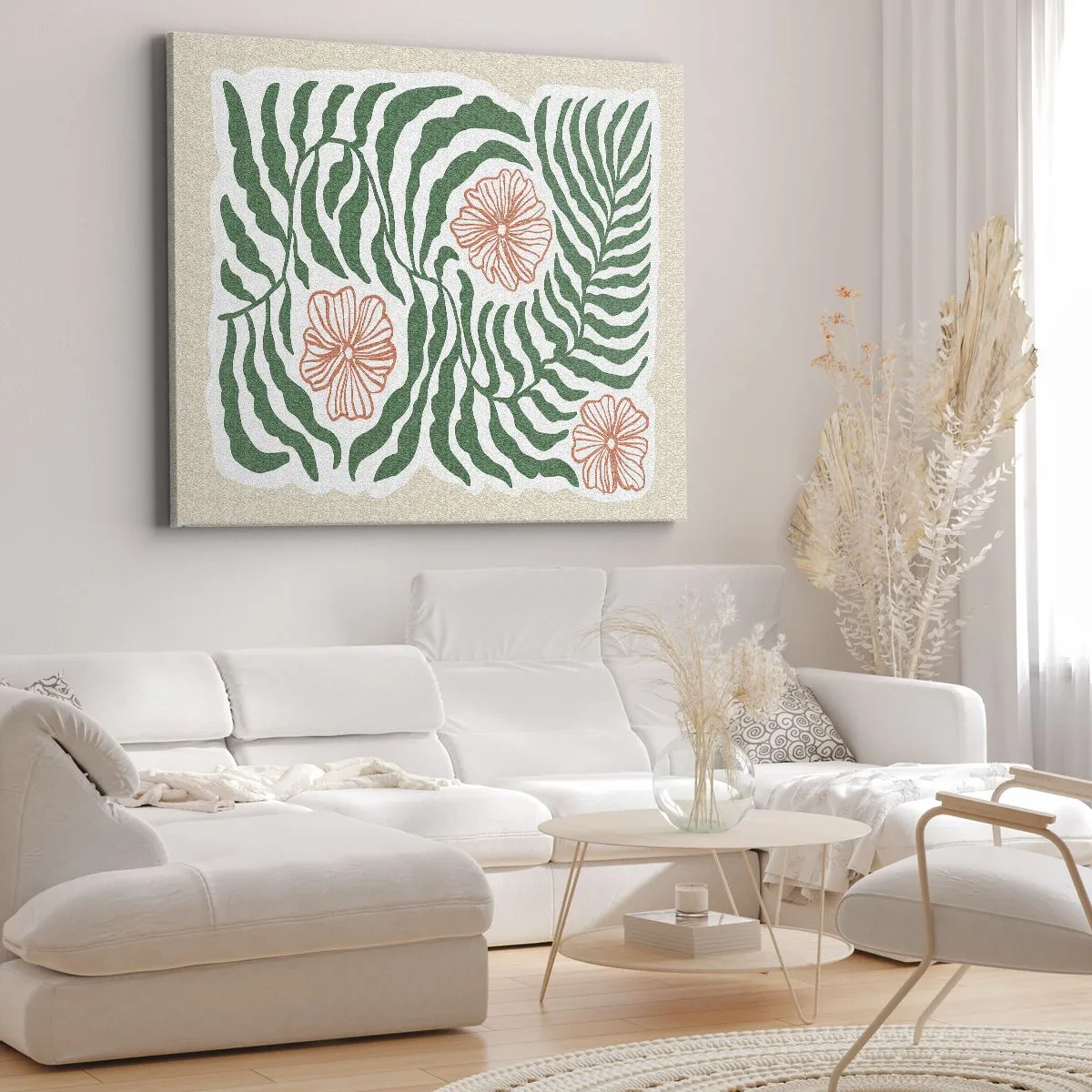 Bild auf Leinwand - Leinwandbild - Ein minimalistisches Motiv aus grünen Blättern mit Blüten in Orangetönen. - 100x70cm - Aufgeblüht in Grün - Moderne Wanddekoration für Wohnzimmer und Schlafzimmer ARTTOR