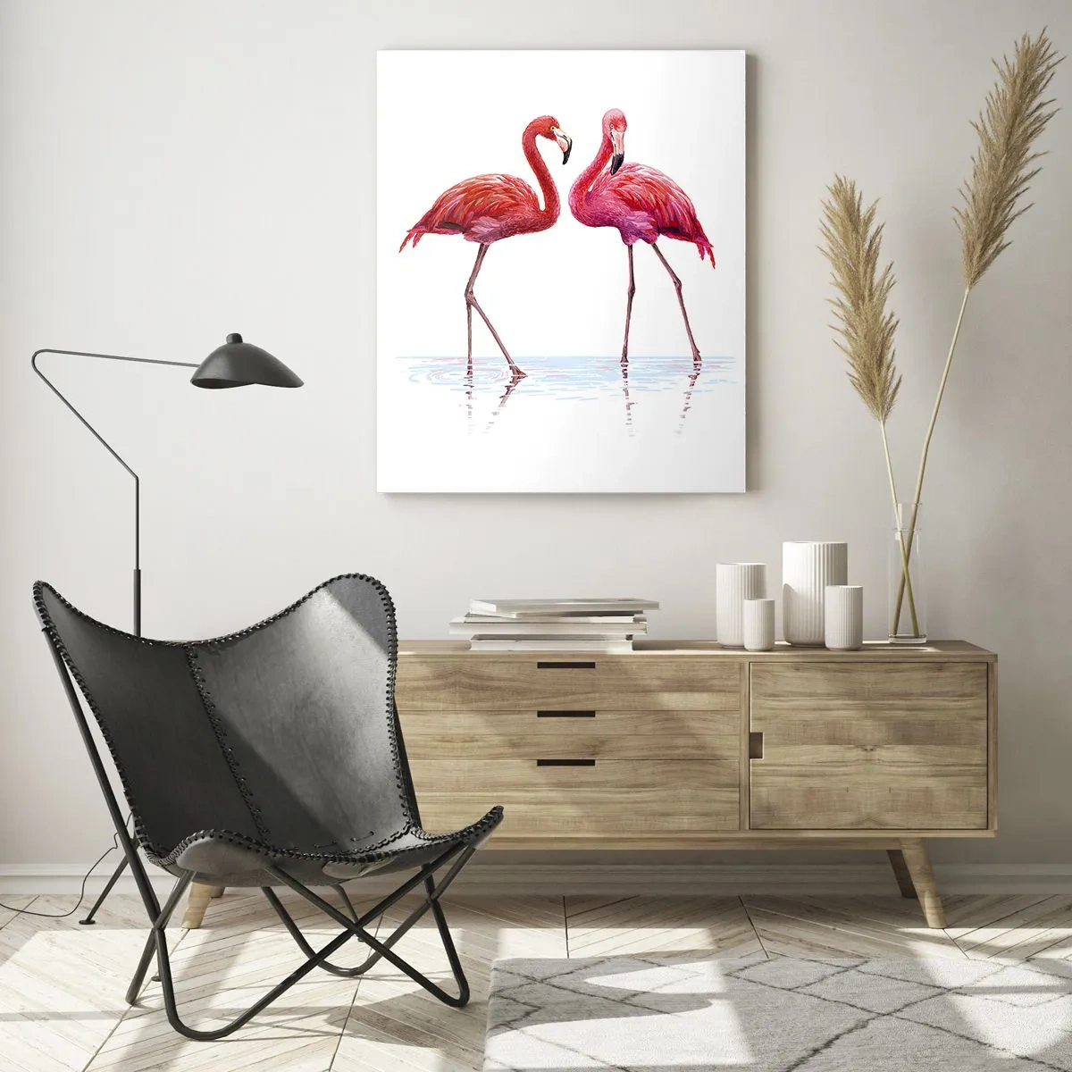 Glasbild - Bild auf glas - Ein Flamingopaar im Wasser vor hellem Hintergrund - 80x120cm - Rosa randez-vous - Moderne Wanddekoration für Wohnzimmer und Schlafzimmer ARTTOR