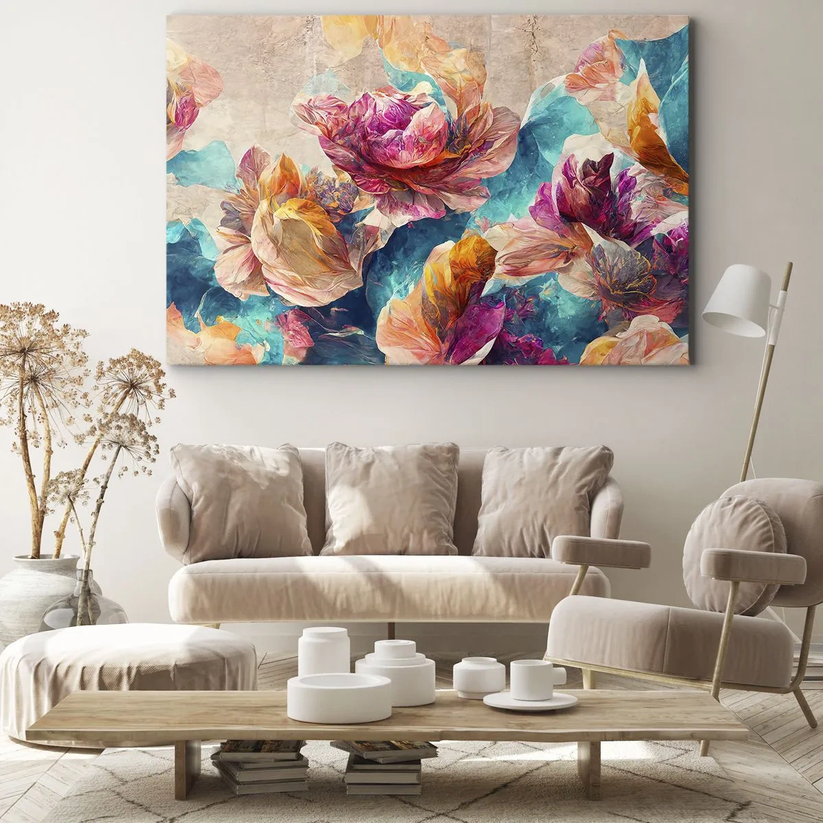 Bild auf Leinwand - Leinwandbild - Bunte Blumen auf beigem Hintergrund - 120x80cm - Farbenpracht des Straußes - Moderne Wanddekoration für Wohnzimmer und Schlafzimmer ARTTOR