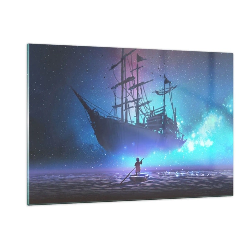 Glasbild - Bild auf glas - Ein Nachtschiff, das in einer magischen Aura über dem Wasser schwebt - 120x80cm - Begegnung mit dem Mythos des Meeres - Moderne Wanddekoration für Wohnzimmer und Schlafzimmer ARTTOR