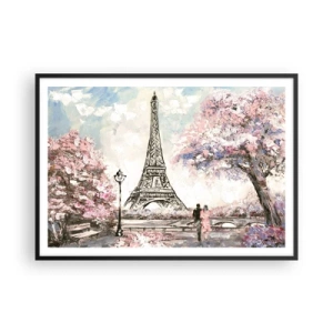 Poster in einem schwarzem Rahmen - Der Eiffelturm, umgeben von blühenden Bäumen - 100x70cm - Aprilspaziergang durch Paris - Moderne Wanddekoration für Wohnzimmer und Schlafzimmer ARTTOR
