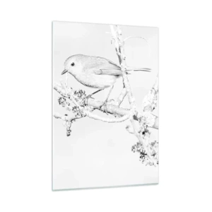 Glasbild - Bild auf glas - Ein Vogel sitzt auf einem Ast in einer monochromen Winterlandschaft. - 50x70cm - Wintermorgen - Moderne Wanddekoration für Wohnzimmer und Schlafzimmer ARTTOR