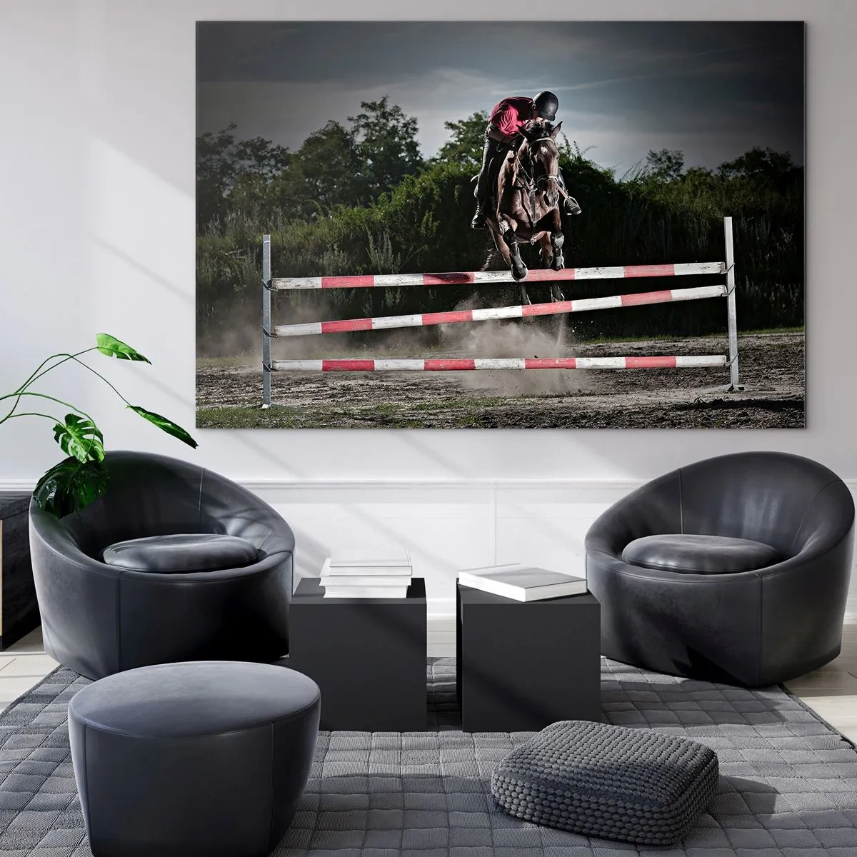 Glasbild - Bild auf glas - Ein Reiter auf einem Pferd springt über ein Hindernis vor der Kulisse der Natur - 100x70cm - Gemeinsam zum Sieg - Moderne Wanddekoration für Wohnzimmer und Schlafzimmer ARTTOR