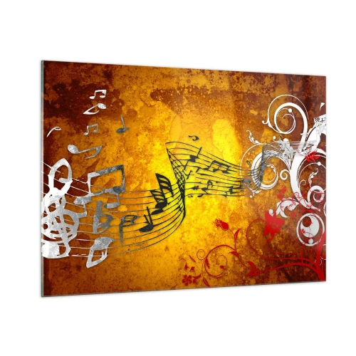 Glasbild - Bild auf glas - Musikalische Motive vor einem Hintergrund aus goldenen Ornamenten - 100x70cm - Lass die Musik fließen - Moderne Wanddekoration für Wohnzimmer und Schlafzimmer ARTTOR