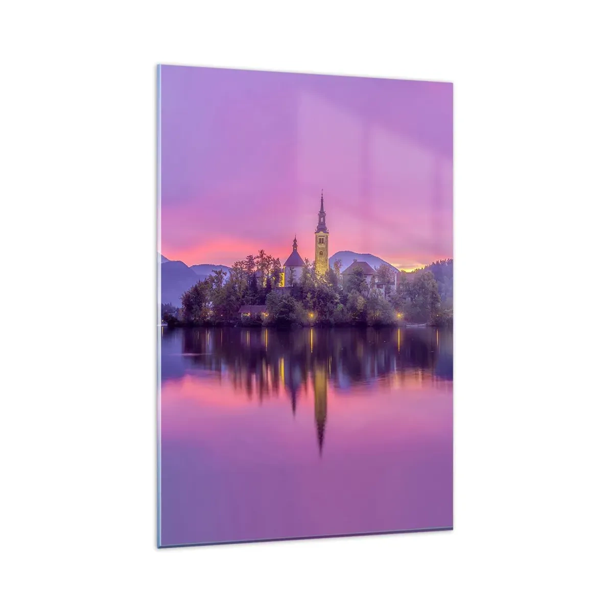 Glasbild - Bild auf glas - See mit einer Insel und einer Kirche bei Sonnenuntergang - 80x120cm - Eine märchenhafte Insel in der Abenddämmerung - Moderne Wanddekoration für Wohnzimmer und Schlafzimmer ARTTOR