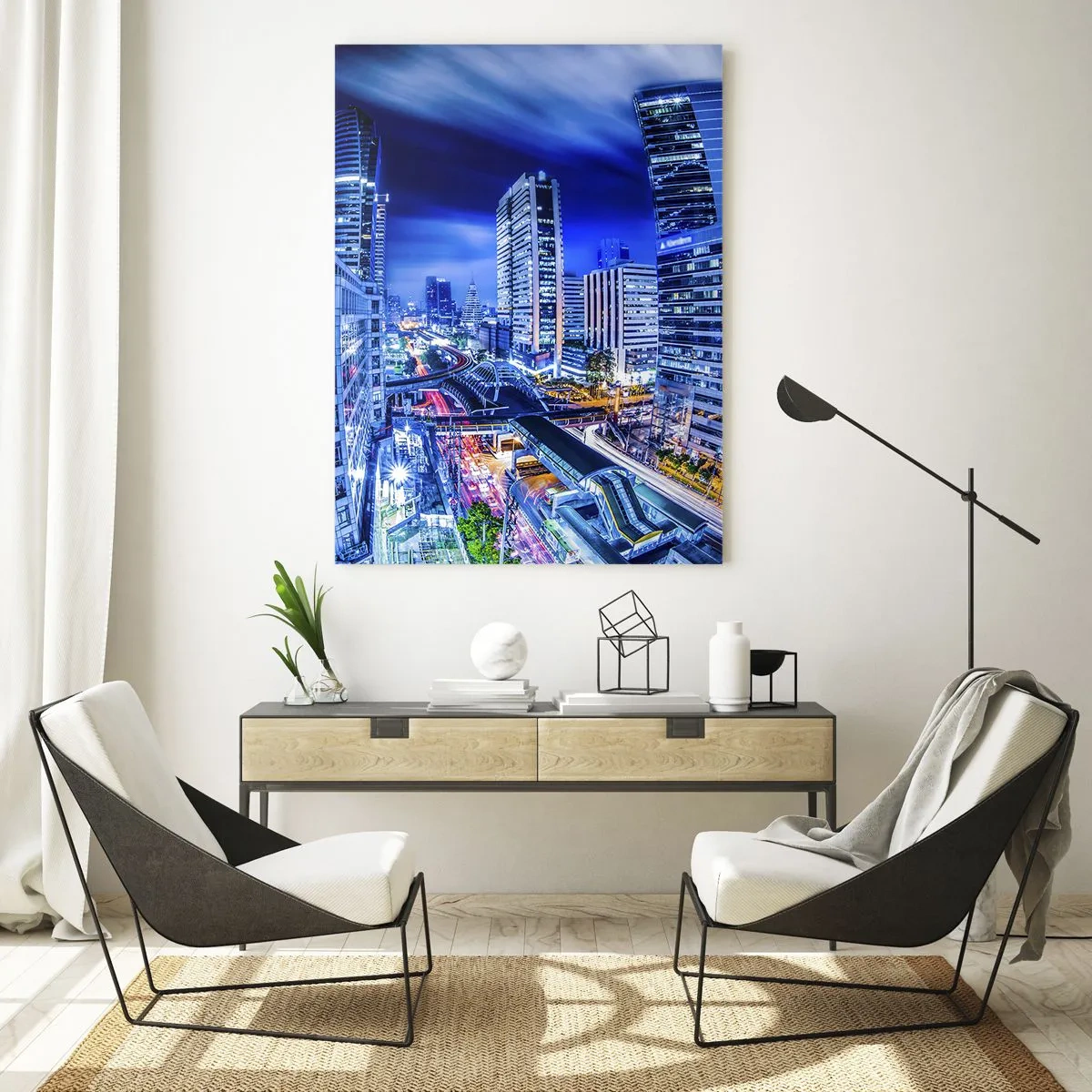 Glasbild - Bild auf glas - Panorama einer modernen Stadt bei Nacht mit hellen Lichtern - 50x70cm - Rhythmen der Nachtstadt - Moderne Wanddekoration für Wohnzimmer und Schlafzimmer ARTTOR