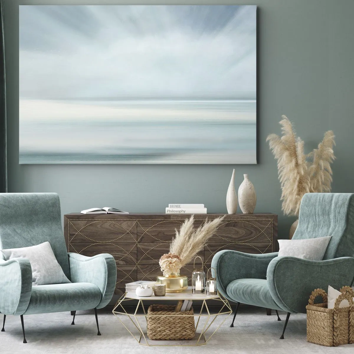 Bild auf Leinwand - Leinwandbild - Eine minimalistische Landschaft in zarten Blautönen - 70x50cm - Frieden bis zum Horizont - Moderne Wanddekoration für Wohnzimmer und Schlafzimmer ARTTOR