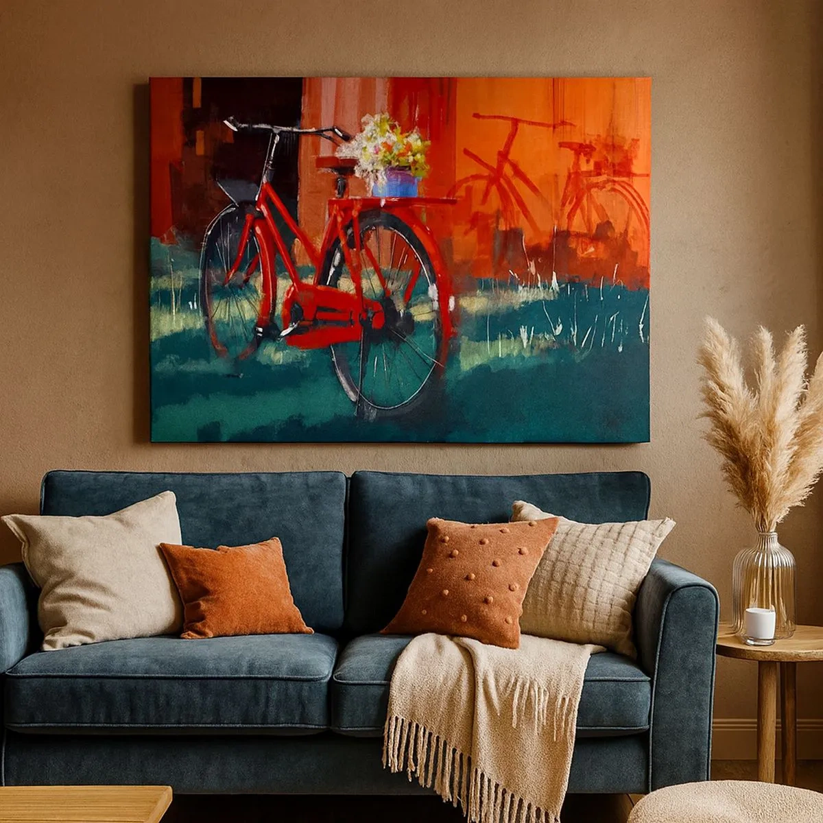 Bild auf Leinwand - Leinwandbild - Ein rotes Fahrrad mit Blumen vor einer orangefarbenen Wand - 70x50cm - Ich möchte mit meinem Fahrrad fahren - Moderne Wanddekoration für Wohnzimmer und Schlafzimmer ARTTOR