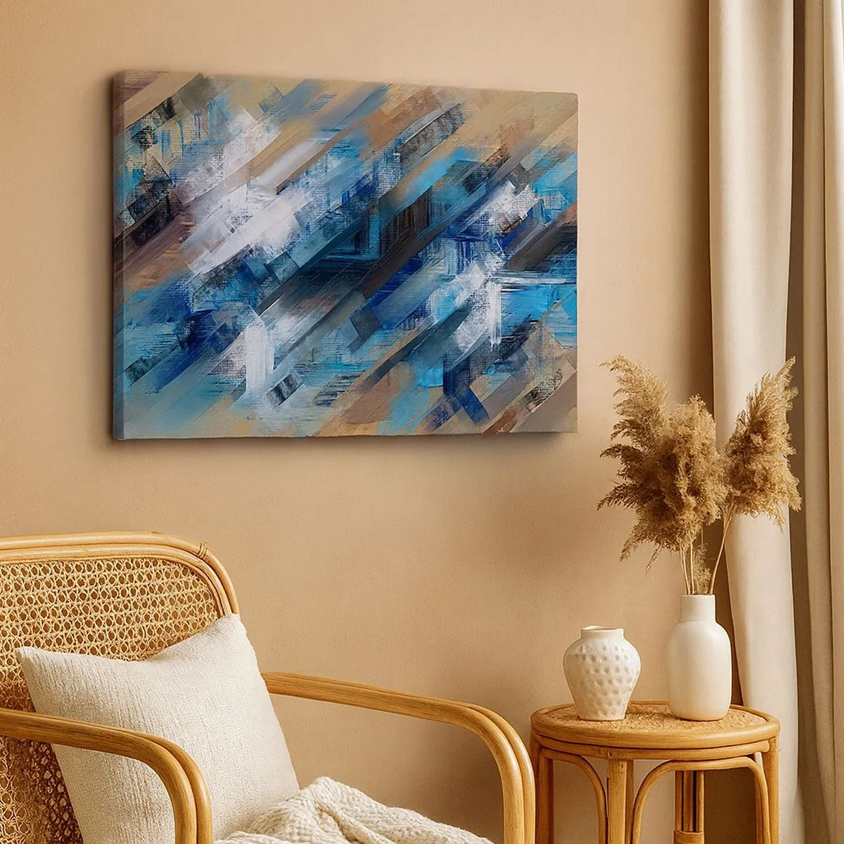 Bild auf Leinwand - Leinwandbild - Abstrakte Komposition mit blauen diagonalen Linien - 70x50cm - Auf einer blauen Diagonale - Moderne Wanddekoration für Wohnzimmer und Schlafzimmer ARTTOR