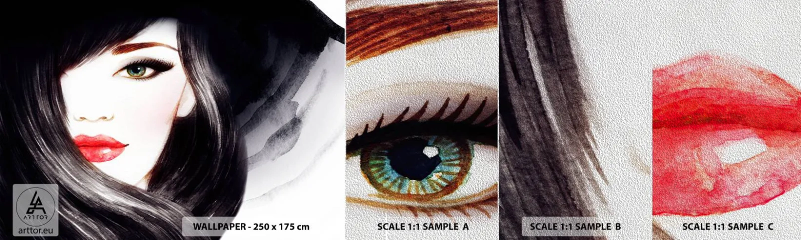 Fototapeten Muster Premium Sand - Saphir-Optik - Das Gesicht einer Frau, rote Lippen, Grüne Augen - 100x30 cm