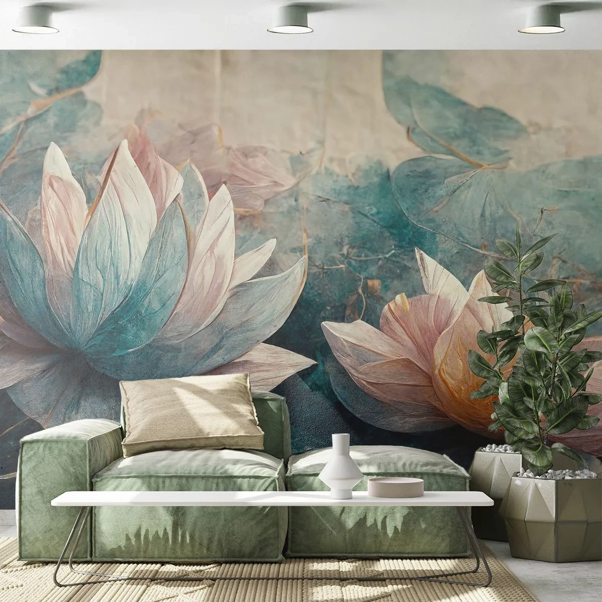 Fototapete Premium Sand - Lotusblüten in Pastelltönen von Türkis und Beige - 100x70cm - Seesterne - Moderne Wanddekoration für Wohnzimmer und Schlafzimmer ARTTOR