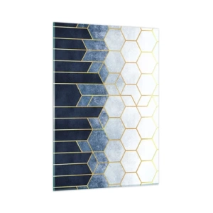 Glasbild - Bild auf glas - Geometrisches Muster in Gold- und Marineblautönen - 50x70cm - Komposition im synkopischen Rhythmus - Moderne Wanddekoration für Wohnzimmer und Schlafzimmer ARTTOR