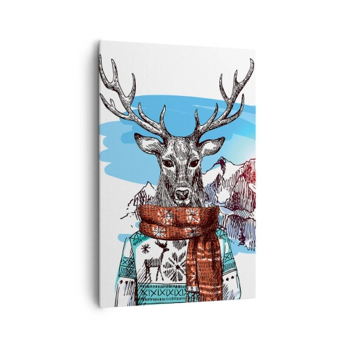 Bild auf Leinwand - Leinwandbild - Ein Hirsch im Winterpullover vor einer Berglandschaft - 80x120cm - Auch ein Reh friert nicht - Moderne Wanddekoration für Wohnzimmer und Schlafzimmer ARTTOR