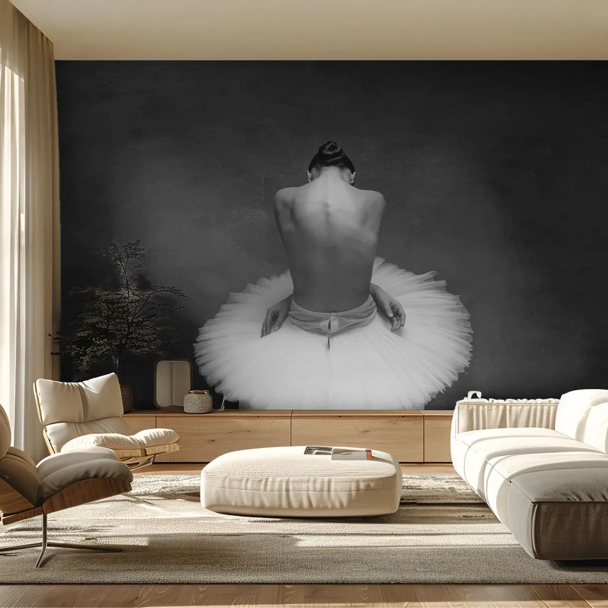 Fototapete Premium Sand - Schwarz-Weiß-Fotografie einer Ballerina in klassischer Pose - 100x70cm - Es blüht gerade - Moderne Wanddekoration für Wohnzimmer und Schlafzimmer ARTTOR
