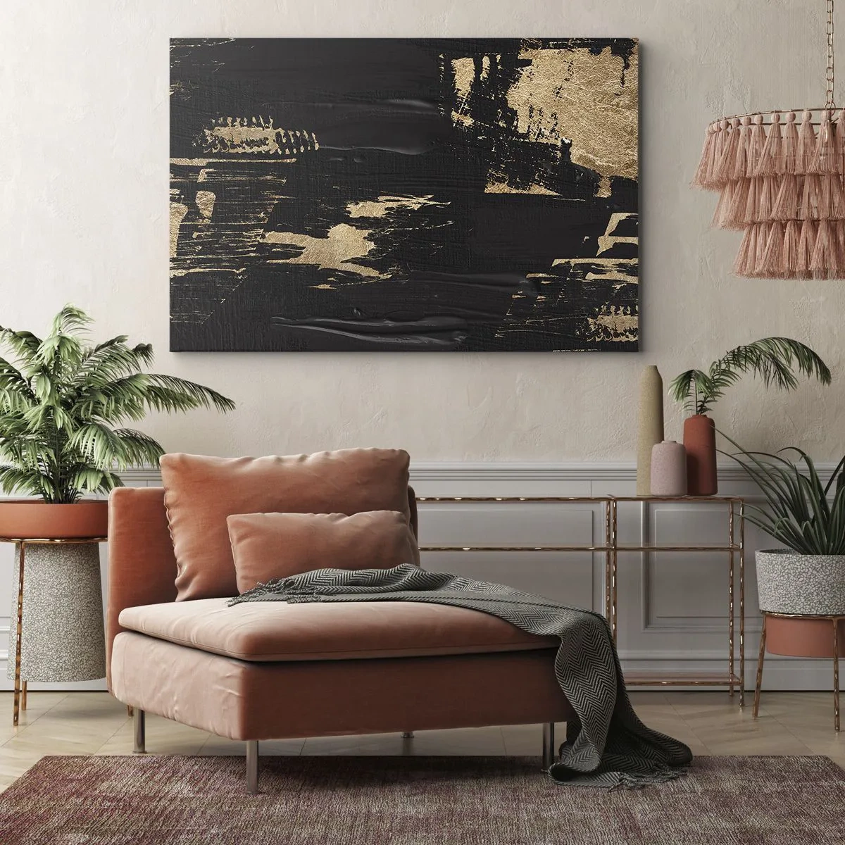 Bild auf Leinwand - Leinwandbild - Abstrakte Komposition in Schwarz- und Goldtönen - 100x70cm - Spur einer Berührung - Moderne Wanddekoration für Wohnzimmer und Schlafzimmer ARTTOR