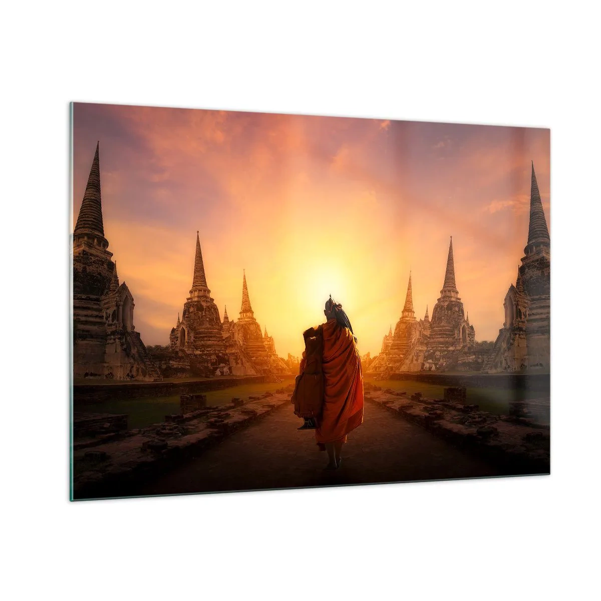 Glasbild - Bild auf glas - Ein Mönch vor der Kulisse der untergehenden Sonne und Tempel in Asien - 100x70cm - In Frieden für die Ewigkeit - Moderne Wanddekoration für Wohnzimmer und Schlafzimmer ARTTOR