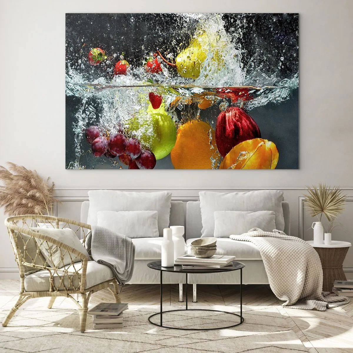 Glasbild - Bild auf glas - In Wasser getauchte Früchte mit dynamischen Spritzern - 100x70cm - Fruchterfrischung - Moderne Wanddekoration für Wohnzimmer und Schlafzimmer ARTTOR