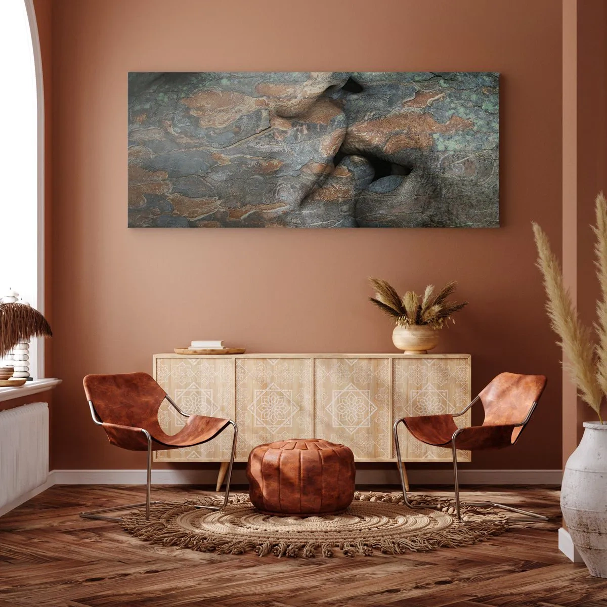Bild auf Leinwand - Leinwandbild - Ein künstlerisches Motiv eines in Fels gehauenen Gesichts mit natürlichem Textureffekt. - 160x50cm - Für immer zusammen - Moderne Wanddekoration für Wohnzimmer und Schlafzimmer ARTTOR