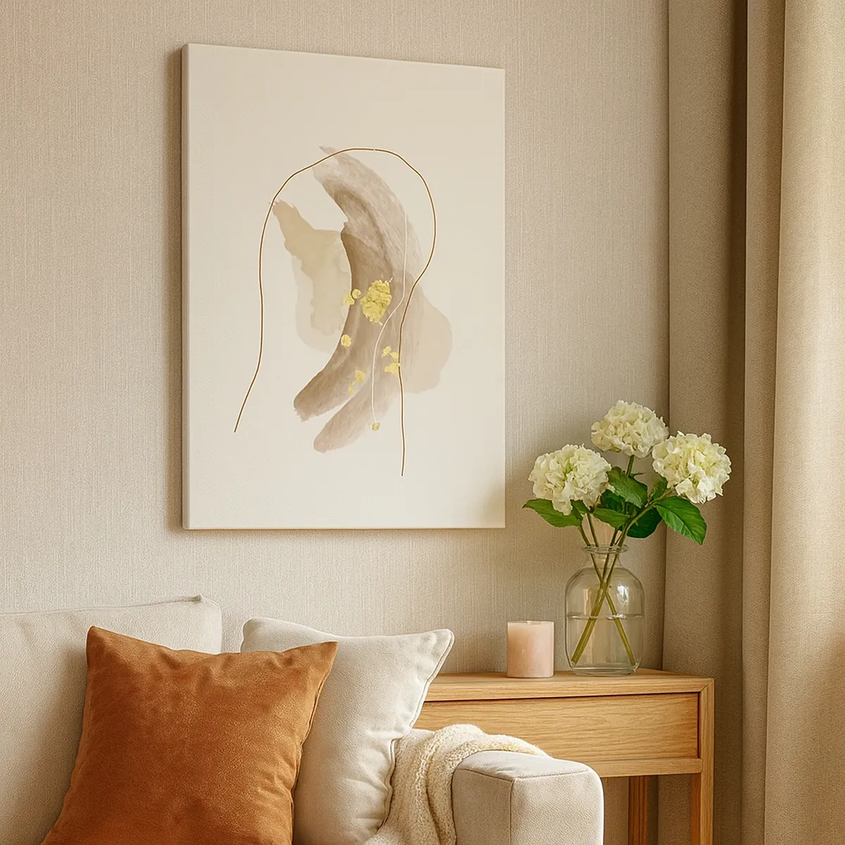 Bild auf Leinwand - Leinwandbild - Eine abstrakte Komposition in Beige- und Goldtönen. - 50x70cm - Im Weltraum begegnet - Moderne Wanddekoration für Wohnzimmer und Schlafzimmer ARTTOR