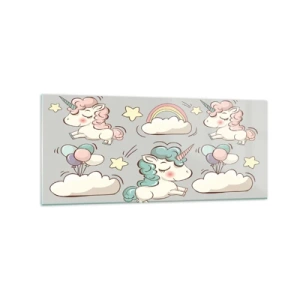 Glasbild - Bild auf glas - Niedliche Einhörner auf pastellfarbenem Hintergrund - 120x50cm - Sicherlich gibt es... - Moderne Wanddekoration für Wohnzimmer und Schlafzimmer ARTTOR