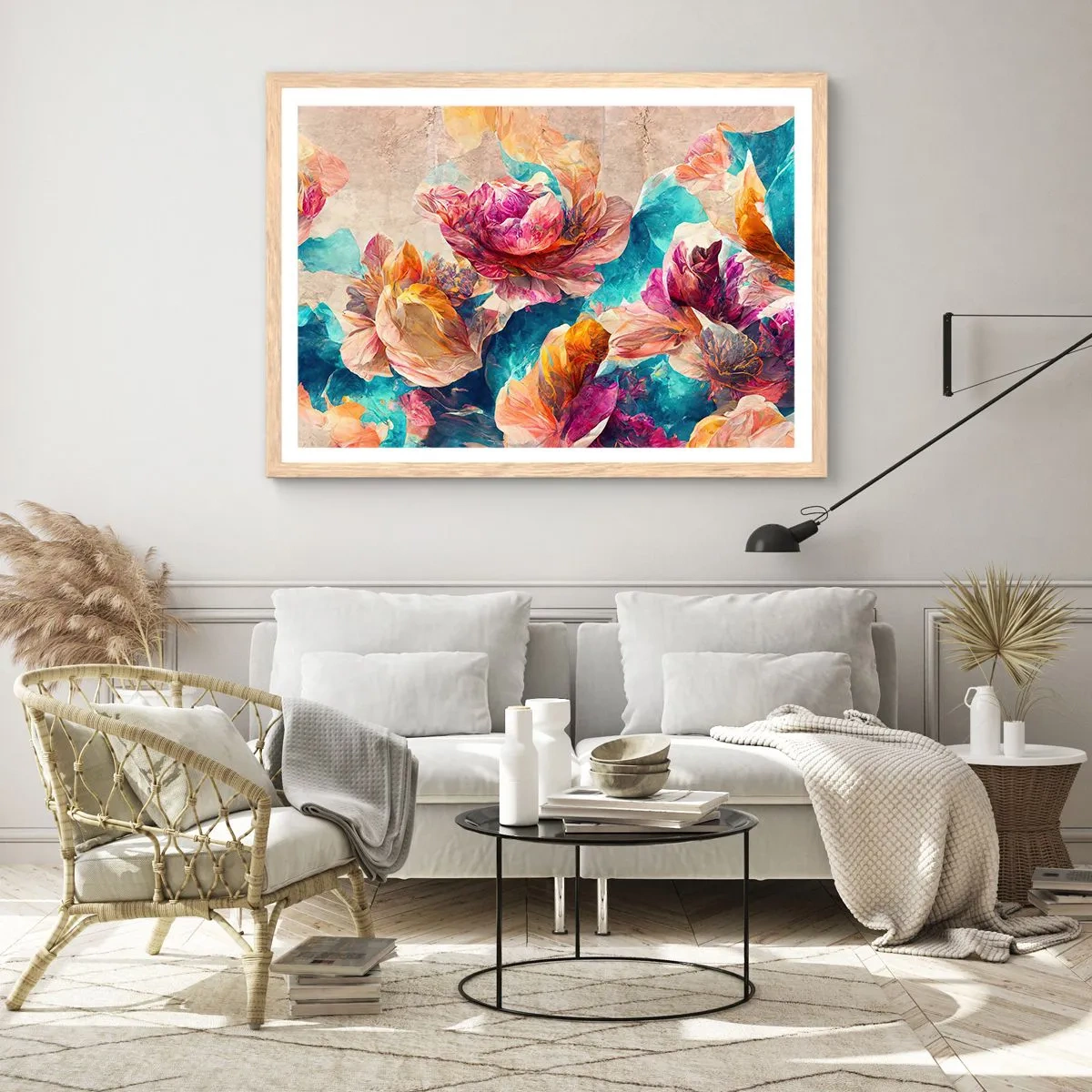 Poster in einem Rahmen aus heller Eiche - Farbenpracht des Straußes - 40x30 cm