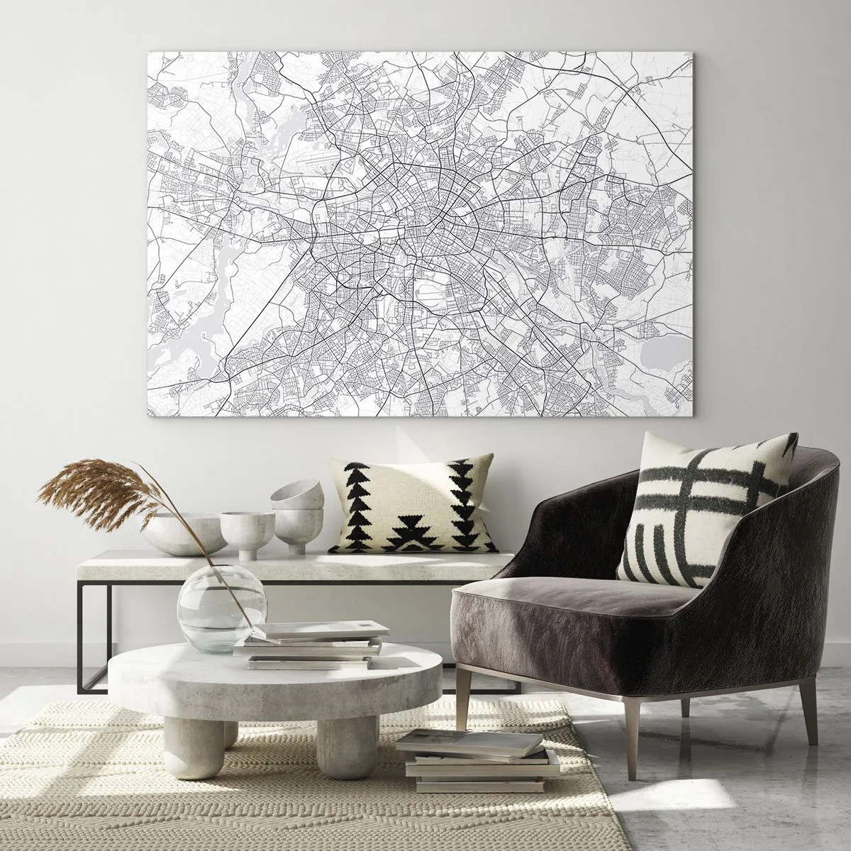 Glasbild - Bild auf glas - Schwarz-weiße Karte von Berlin mit geometrischem Straßenverlauf - 120x80cm - Berliner Blume - Moderne Wanddekoration für Wohnzimmer und Schlafzimmer ARTTOR