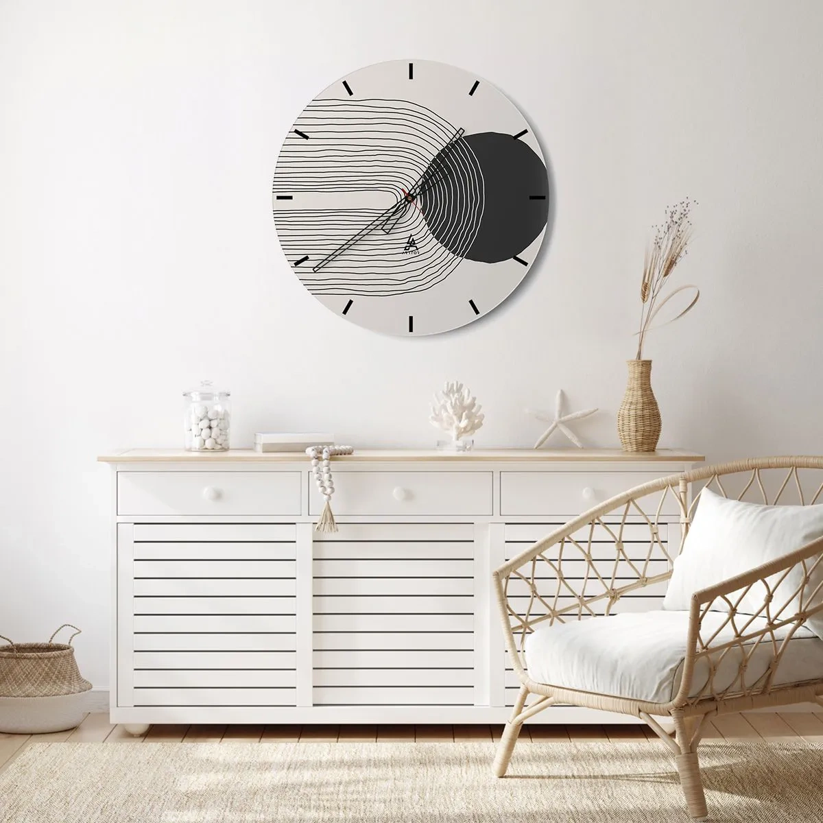 Wanduhr - Glasuhr - Abstrakte Linien und ein schwarzer Kreis auf hellem Hintergrund in einer grafischen Komposition - 30x30cm - Zittern und Vertrauen - Moderne Wanddekoration für Wohnzimmer, Küche und Schlafzimmer ARTTOR
